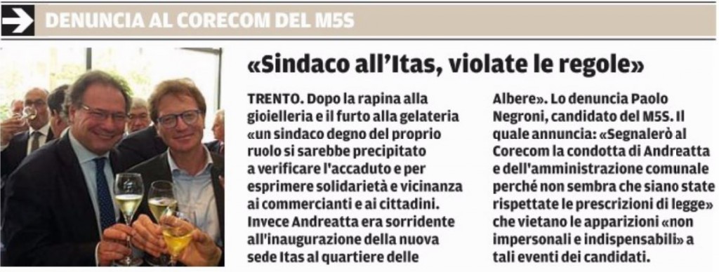 IlTrentino-20150430- Negroni segnalazione CORECOM contro Andreatta