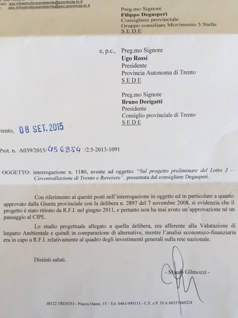 2015-09-08 Risposta assessore mobilità PAT Gilmozzi a interrogazione su progetto preliminare Lotto 3 Circonvallazione Trento e Rovereto