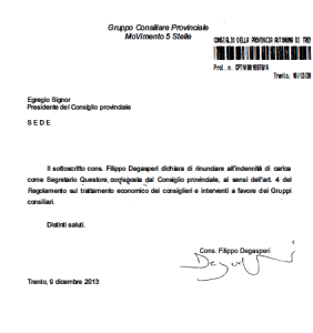 Scopri di più sull'articolo Filippo Degasperi rinuncia a 6120 euro lordi di indennità da componente ufficio di presidenza