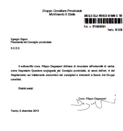 Al momento stai visualizzando Filippo Degasperi rinuncia a 6120 euro lordi di indennità da componente ufficio di presidenza