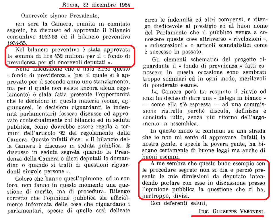 Scopri di più sull'articolo Quando la Camera introdusse i vitalizi nel 1954 il Deputato Trentino Veronesi firmò le dimissioni per protesta: ecco la sua lettera